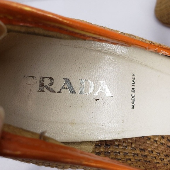 PRADA Woven Color Block Orange Croc Cap Toe Green Leather Trim Pumps Size 37 EU - Picture 11 of 15
